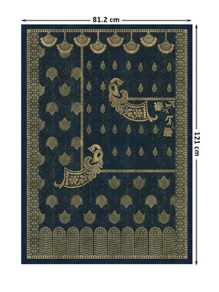 Full pattern layout of Golden Crest wall art at 81.2×121 cm, showing the largest size with detailed gold Banarasi motifs including hanging fan tassels, paired peacocks, and tiered arch border on a textured indigo-teal ground