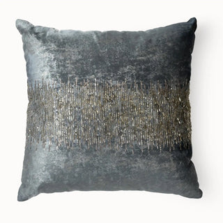Full studio view of the grey crushed velvet cushion cover with metallic beaded fringe.