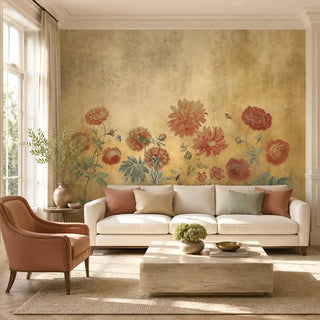 The Dusky Charm landscape mural styled behind a modern white sofa in a bright, ambient luxury living room.