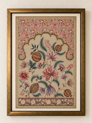 Golestan framed wall art: Mughal-inspired pomegranates and florals in an arch on soft pink, wooden frame with ivory mount