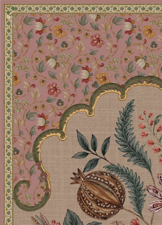 A detailed macro close-up of the Golestan Garden wall art highlighting the pomegranate fruit, fern-like foliage and gold-outlined cusped arch.