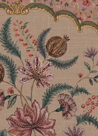 A detailed macro close-up of the Golestan wall art landscape highlighting the pomegranate fruit, fern-like foliage and gold cusped arch.