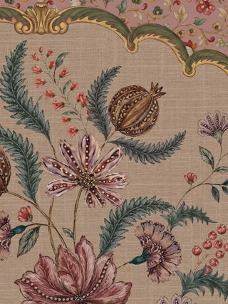 A detailed macro close-up of the Golestan wall art highlighting the dotted-petal flowers, feathered ferns and gold-edged scalloped arch.