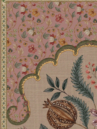 A detailed macro close-up of the Golestan Garden wall art highlighting the pomegranate fruit, fern-like foliage and gold-outlined cusped arch.