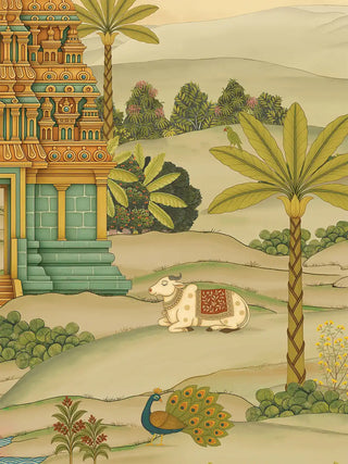 A detailed macro close-up of the Gopuram wall art highlighting a resting cow, a parrot and a peacock among palm trees.