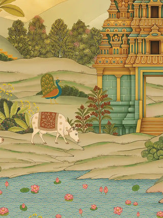 A detailed macro close-up of the Gopuram wall art highlighting a temple tower, a peacock and a lotus pond in the foreground.