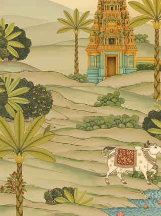 A detailed macro close-up of the Gopuram wall art highlighting a temple tower, a decorated cow and a parrot perched on a palm frond.
