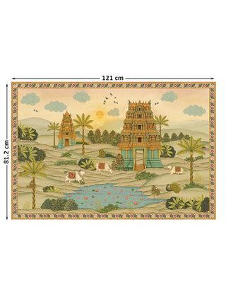 Full view of the Gopuram wall art print at 121 cm by 81.2 cm, showing the complete temple landscape with cattle, peacocks and a lotus pond.