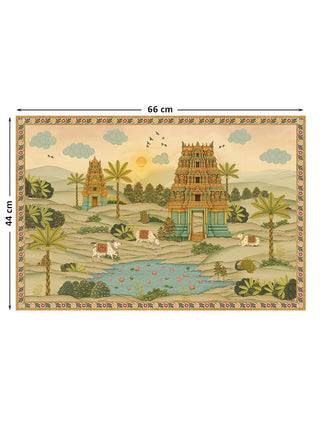 Full view of the Gopuram wall art print at 66 cm by 44 cm, showing the complete temple landscape with cattle, peacocks and a lotus pond.