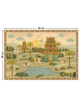 Full view of the Gopuram wall art print at 90 cm by 60 cm, showing the complete temple landscape with cattle, peacocks and a lotus pond.