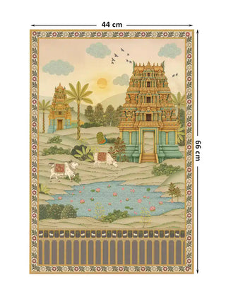 Gopuram temple wall art in sandstone and jade shown at 44 x 66 cm with dimension markings for size reference.
