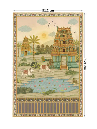 Gopuram South Indian temple wall art in sandstone and jade shown at 81.2 x 121 cm with dimension markings for size reference.