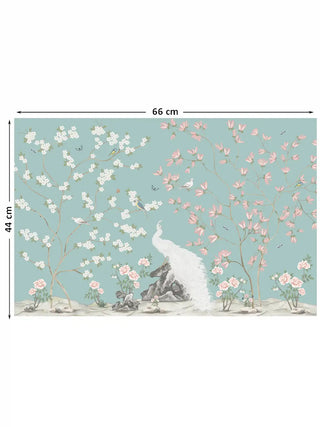 Full view of the Grace Embrace embroidered wall art showing a white peacock between white and pink blossoming branches on an aqua ground, at 44 cm by 66 cm.