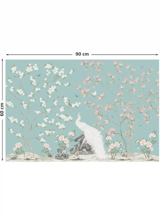 Full view of the Grace Embrace embroidered wall art showing a white peacock between white and pink blossoming branches on an aqua ground, at 60 cm by 90 cm.