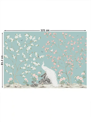 Full view of the Grace Embrace embroidered wall art showing a white peacock between white and pink blossoming branches on an aqua ground, at 81.2 cm by 121 cm.