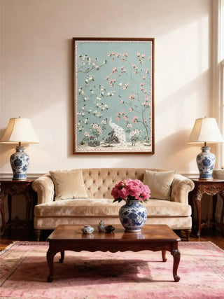 Luxury living room setting featuring the wall art above a beige tufted sofa with blue-and-white porcelain accents