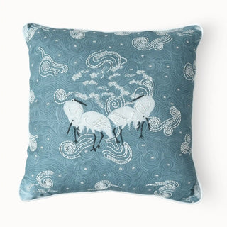 Full studio view of the Graceful Cranes Azure Cushion Cover with white crane embroidery.