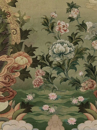 A detailed macro close-up of the Green Tara wall art highlighting layered peony blooms and stylised clouds beside the aureole.