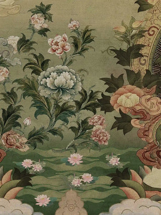 A detailed macro close-up of the Green Tara wall art highlighting flowering peonies above a lotus pond and scrolling clouds.