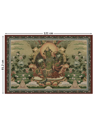 Full view of the Green Tara wall art in green and yellow, 121 cm by 81.2 cm, showing the seated deity within her brocade-style border.