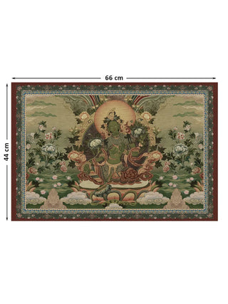 Full view of the Green Tara wall art in green and yellow, 66 cm by 44 cm, showing the seated deity within her brocade-style border.