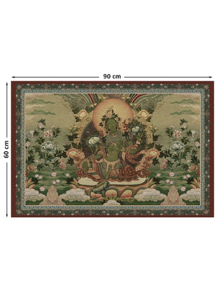 Full view of the Green Tara wall art in green and yellow, 90 cm by 60 cm, showing the seated deity within her brocade-style border.