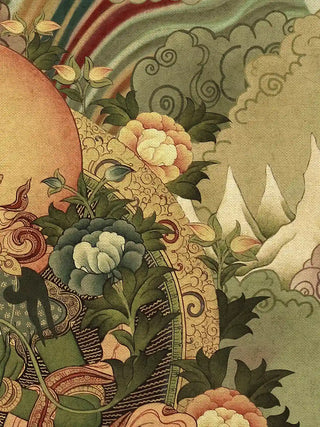 A detailed macro close-up of the Green Tara wall art highlighting peony blooms and scrolling clouds beside the golden aureole.
