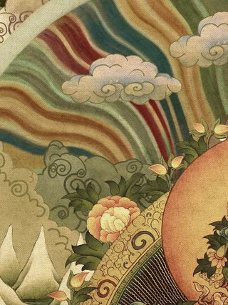 A detailed macro close-up of the Green Tara wall art highlighting rainbow-hued aureole rays, clouds and snow-capped mountains.