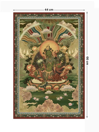 Full view of the Green Tara wall art in green and yellow, 44 cm by 66 cm, showing the seated deity within her brocade-style border.