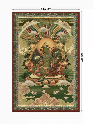 Full view of the Green Tara wall art in green and yellow, 81.2 cm by 121 cm, showing the seated deity within her brocade-style border.