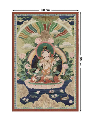 Full view of the Green Tara wall art in navy and multicolour, 60 cm by 90 cm, showing the seated deity above a lotus pond with ducks.