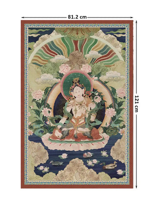 Full view of the Green Tara wall art in navy and multicolour, 81.2 cm by 121 cm, showing the seated deity above a lotus pond with ducks.
