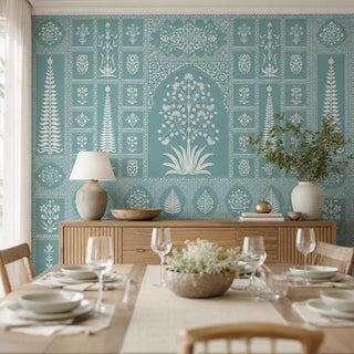 Gul Mughal wallpaper styled in an entryway with a round mirror, console table, and neutral accessories view- dining room