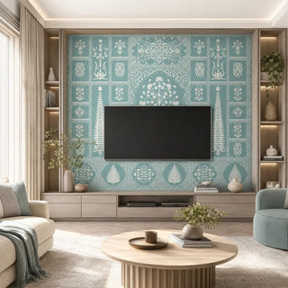The Gul teal Mughal wallpaper used as a decorative backdrop for a wall-mounted TV in a modern lounge view-tvpanel