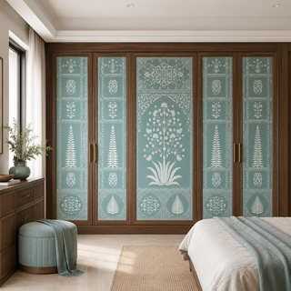 Creative interior application showing the Gul teal wallpaper used as decorative inlays on a dark wood bedroom wardrobe view- wardrobe