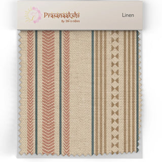 Fabric swatch of Gul Posh Upholstery Fabric showing beige base with muted red, green, and tan stripes.