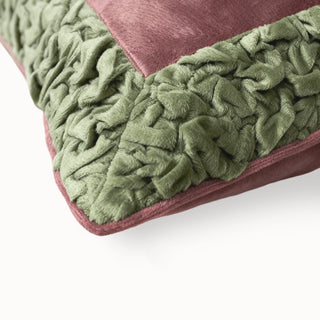 Close-up of the Gulaal Cushion showing the ruched olive green velvet border texture