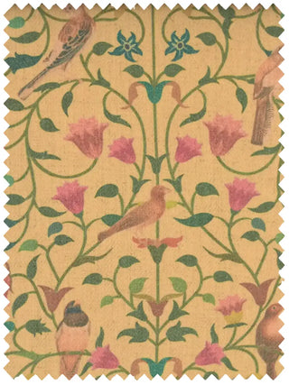 A high-resolution swatch of Gulbahar fabric featuring a green vine trellis with songbirds and pink flowers on a yellow ground.