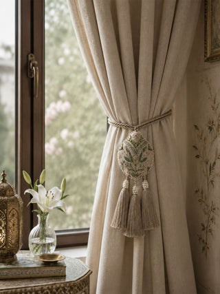 The Gulbano hand-embroidered teardrop tie back gathering a cream linen curtain panel neatly next to a window frame.