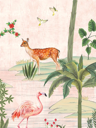 A close-up of the Gulbiya Chinoiserie wall art in Blush Pink showing the spotted deer, flamingo and banana palm.