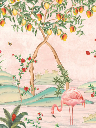 A close-up of the Gulbiya Chinoiserie wall art in Blush Pink showing the mango tree and a flamingo wading near the water.