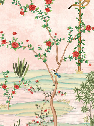 A close-up of the Gulbiya Chinoiserie wall art in Blush Pink showing the red rose vine, parasol pole and a perched kingfisher-type bird.