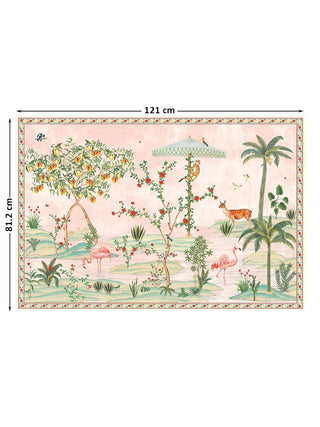 The Gulbiya Chinoiserie wall art in Blush Pink, large size 121x81.2cm, showing the full garden scene with dimension markers.