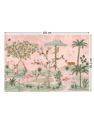 Full design layout of the Gulbiya wall art featuring flamingos, roses, and monkeys, dimensions 121 cm by 81.2 cm