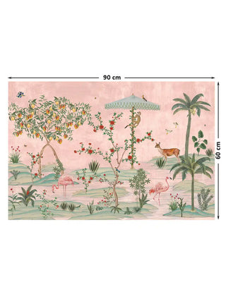 Overview of the full Gulbiya botanical design with Chinoiserie motifs and flamingos, dimensions 90 cm by 60 cm.