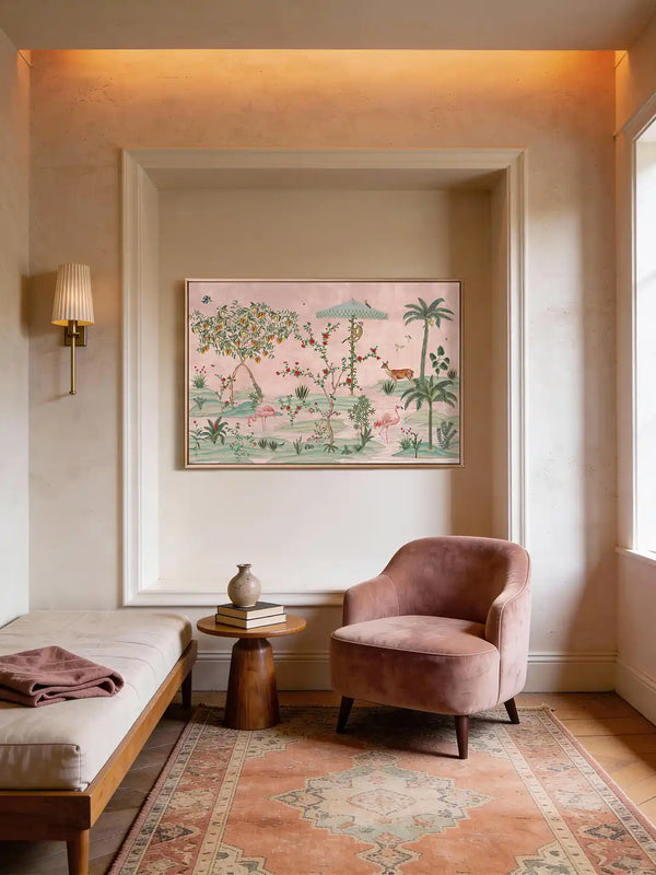 Luxury bedroom niche featuring Gulbiya wall art with pink flamingos and roses above a velvet armchair and wooden side table.