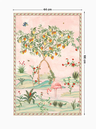 The Gulbiya Chinoiserie wall art in Blush Pink, small size 44x66cm, showing the mango tree and flamingo with dimension markers.