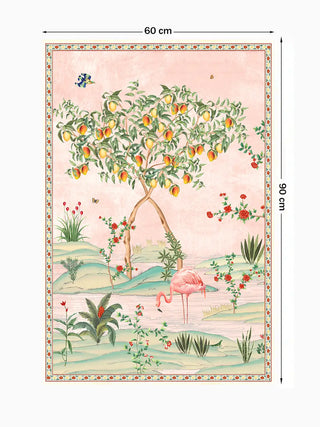 The Gulbiya Chinoiserie wall art in Blush Pink, medium size 60x90cm, showing the mango tree and flamingo with dimension markers.