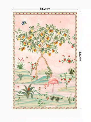The Gulbiya Chinoiserie wall art in Blush Pink, large size 81.2x121cm, showing the mango tree and flamingo with dimension markers.