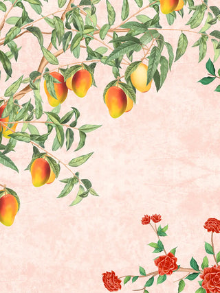 A close-up of the Gulbiya Chinoiserie wall art in Blush Pink showing mango branches and red rose blooms against the blush background.